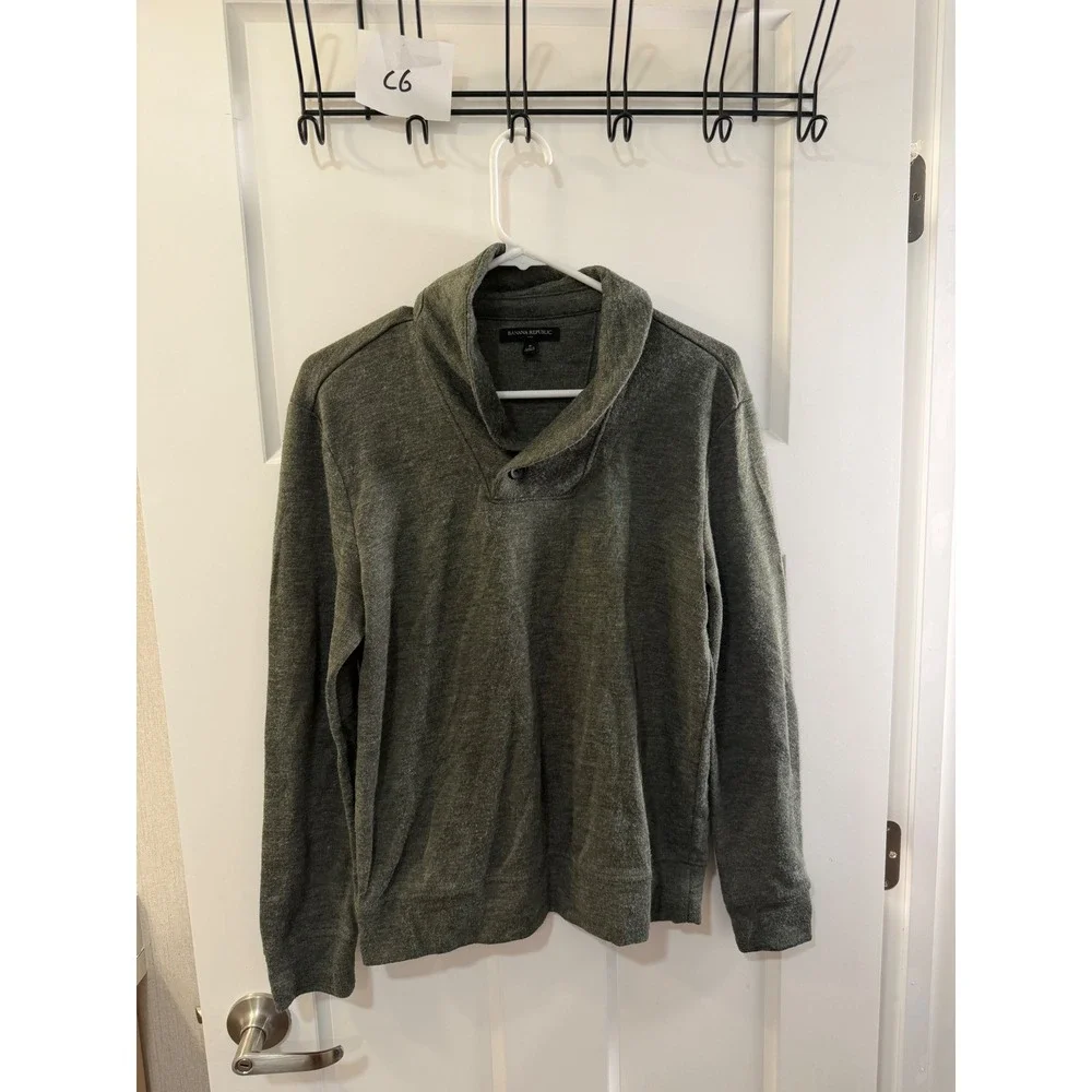 Banana Republic Mens Shawl Collar Pullover Sweater Heathered Olive Green Small